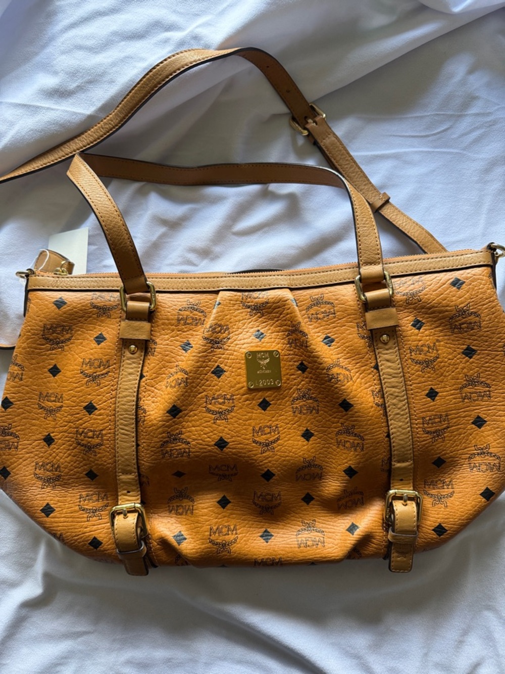 MCM Cognac Logo Canvas Double-Handle Shoulder Bag